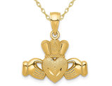 14K Yellow Gold Polished and Textured Claddagh Pendant Necklace with Chain